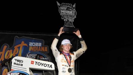 Cannon McIntosh (Bixby, Okla.) celebrates his victory following Saturday night's USAC Indiana Midget Week feature at Kokomo Speedway. (Travis Branch Photo) (Video Highlights from FloRacing.com)