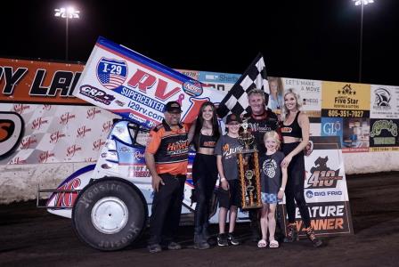 Brooke Tatnell won Sunday's 410 feature at Huset's (Tylan Porath Photo)