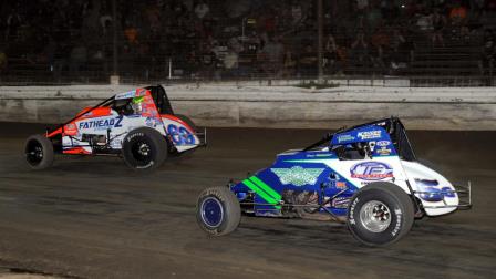 Brady Bacon (#69) leads challenger Briggs Danner (#5G) en route to victory during Tuesday night's USAC Eastern Storm opener at Bechtelsville, Pennsylvania's Grandview Speedway. (Lee Greenawalt Photo) (Video Highlights from FloRacing.com)
