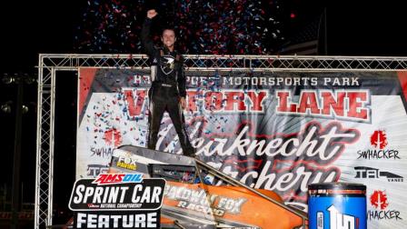 Logan Seavey (Sutter, Calif.) celebrates victory following Wednesday night's round two of USAC Eastern Storm at New Jersey's Bridgeport Motorsports Park. (Rich Forman Photo) (Video Highlights from FloRacing.com)