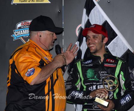 Bryan talks with Mike Roberts after winning Saturday at Knoxville (Danny Howk Photo)
