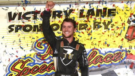 Logan Seavey celebrates his ascension to the USAC Eastern Storm point lead following his victory on Saturday night at Pennsylvania's Port Royal Speedway. (Paul Arch Photo) (Video Highlights from FloRacing.com)