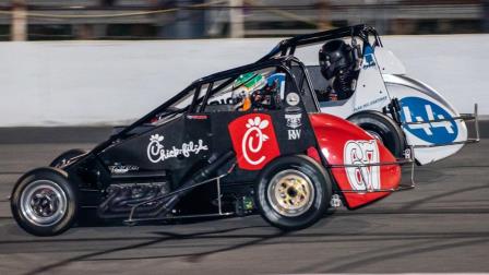 Kyle O'Gara (#67K) races past Kody Swanson (#44) for the lead en route to victory during Thursday night's USAC Midget Special Event at Lucas Oil Indianapolis Raceway Park. (Indy Racing Images Photo) (Video Highlights from FloRacing.com)