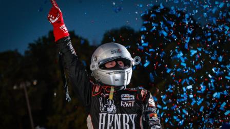 Kody Swanson (Kingsburg, Calif.) celebrates after capturing a dominant USAC Silver Crown victory on Thursday night at Indiana's Winchester Speedway. (Jack Reitz Photo) (Video Highlights from FloRacing.com)