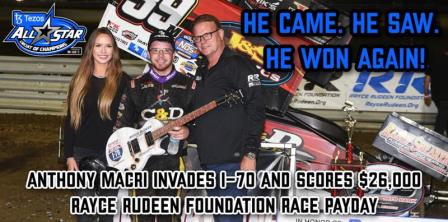 Anthony Macri won the $26,000 Rayce Rudeen Foundation race at I-70 Friday (Chad Warner Photo)