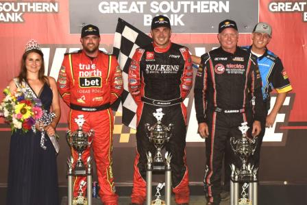 Saturday's Podium at the 360 Knoxville Nationals: Sam Hafertepe Jr. (2nd), Aaron Reutzel (winner), Clint Garner (3rd) (Paul Arch Photo) (Video Highlights from DirtVision.com)