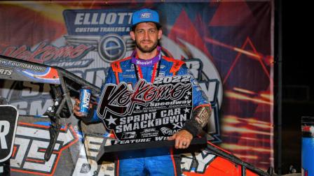 Justin Grant (Ione, Calif.) became the first driver since Bryan Clauson in 2012-13 to win the Elliott's Custom Trailers & Carts Sprint Car Smackdown opener in consecutive years during Thursday night's USAC AMSOIL Sprint Car National Championship event at Indiana's Kokomo Speedway. (Jack Reitz Photo) (Video Highlights from FloRacing.com)