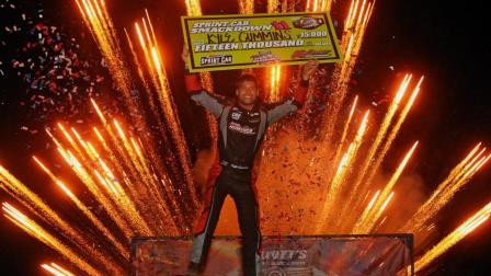 On Saturday night, Kyle Cummins fully demonstrated “Smackdown” as a verb, crushing the field in a 40-lap romp that rewarded him with a total prize of $35,000 for a night’s worth of work in winning the Elliott’s Custom Trailers & Carts Smackdown XI main event at Indiana's Kokomo Speedway. (Lonnie Wheatley Photo) (Video Highlights from FloRacing.com)