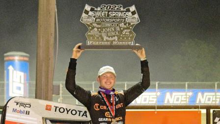 Cannon McIntosh (Bixby, Okla.) celebrates his USAC NOS Energy Drink Midget National Championship feature victory on Friday night at Missouri's Sweet Springs Motorsports Complex. (Ray Hague Photo) (Video Highlights from FloRacing.com)