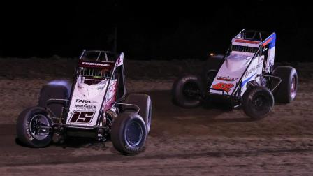 Winner Kevin Thomas Jr. (#15K) fends off a charging Logan Seavey (#42) during the final laps of Thursday night's USAC AMSOIL Sprint Car National Championship feature at Indiana's Gas City I-69 Speedway. (Josh James Photo) (Video Highlights from FloRacing.com)