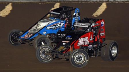 Feature winner Kyle Cummins (#3R) goes toe-to-toe for the lead with Jake Swanson (#21AZ) during Friday night's USAC AMSOIL Sprint Car National Championship main event at Kokomo (Ind.) Speedway. (David Nearpass Photo) (Video Highlights from FloRacing.com)