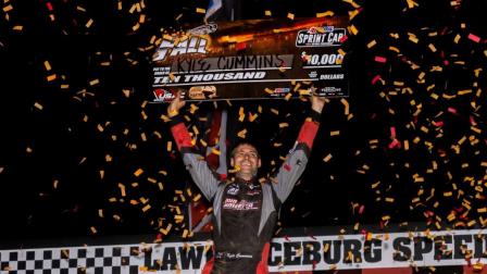 On Saturday night, Kyle Cummins (Princeton, Ind.) got the one that had eluded him for so long as he scored the USAC AMSOIL Sprint Car National Championship’s Fall Nationals at Lawrenceburg (Ind.) Speedway. (Rich Forman Photo) (Video Highlights from FloRacing.com)