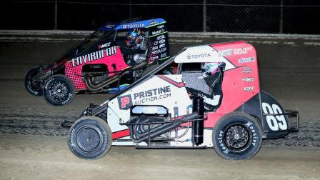 #89 Mitchel Moles (Raisin City, Calif.) passes #7x Thomas Meseraull (San Jose, Calif.) for the lead and the win during Friday night's Jason Leffler Memorial USAC NOS Energy Drink Midget National Championship feature at Illinois' Wayne County Speedway. (Neil Cavanah Photo) (Video Highlights from FloRacing.com)