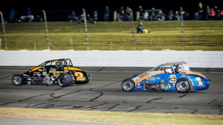 Tanner Swanson (#2) leads Kody Swanson (#1) en route to victory during Saturday night's USAC Silver Crown season finale at Lucas Oil Indianapolis Raceway Park. (Indy Racing Images Photo) (Video Highlights from FloRacing.com)