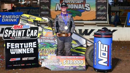 Daison Pursley (Locust Grove, Okla.) made a triumphant return to victory lane during Tuesday's USAC AMSOIL Sprint Car National Championship non-points special event at Florida's Volusia Speedway Park. (Josh James Artwork Photo) (Video Highlights from FloRacing.com)