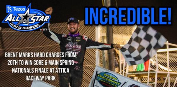 Brent Marks Hard Charges from 20th to Win Core & Main Spring Nationals Finale at Attica Raceway Park