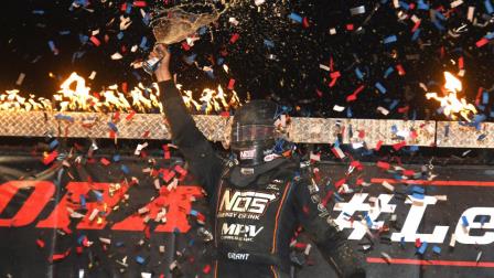 Justin Grant (Ione, Calif.) celebrates in style following his USAC AMSOIL Sprint Car National Championship feature victory on Friday night at Rossburg, Ohio's Eldora Speedway. (Paul Arch Photo) (Video Highlights from FloRacing.com)