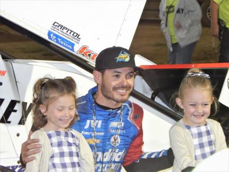 Kyle Larson celebrates his High Limit  win at Wayne County Tuesday