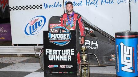 Zach Daum (Pocahontas, Ill.) captured his first USAC NOS Energy Drink Midget National Championship feature victory in nearly nine years on Saturday night at the Belleville (Kan.) Short Track. (Jeff Taylor Photo) (Video Highlights from FloRacing.com)