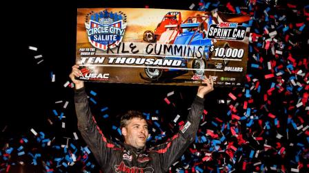 Kyle Cummins (Princeton, Ind.) won the race and the $10,000 check during Thursday night's USAC AMSOIL Sprint Car National Championship event at Indianapolis, Indiana's Circle City Raceway. (Indy Racing Images Photo) (Video Highlights from FloRacing.com)