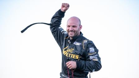 Bobby Santos (Franklin, Mass.) celebrates his Hoosier Hundred victory on Friday night at Lucas Oil Indianapolis Raceway Park. (Indy Racing Images Photo) (Video Highlights from FloRacing.com)