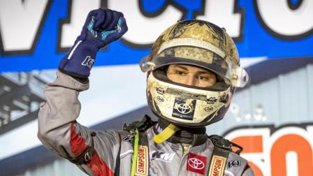 Buddy Kofoid (Penngrove, Calif.) pumps his fist after winning Monday night's USAC Indiana Midget Week feature at Circle City Raceway. (Indy Racing Images Photo) (Video Highlights from FloRacing.com)