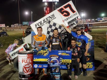 Kyle Larson celebrates his High Limit win at Eagle with Gio Scelzi (3rd) and Rico Abreu (2nd) (Rob Kocak Photo) (Video Highlights from FloRacing.com)