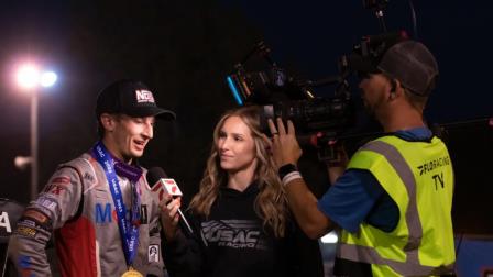 Buddy Kofoid (left) is interviewed in victory lane following his victory in Thursday night's USAC Indiana Midget Week feature at Lincoln Park Speedway. (Dave Dellinger Photo) (Video Highlights from FloRacing.com)