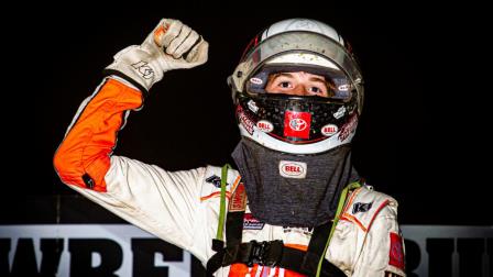 Ryan Timms (Oklahoma City, Okla.) pumps his fist in victory lane after winning Saturday night's USAC Indiana Midget Week feature at Lawrenceburg Speedway. (Indy Racing Images Photo) (Video Highlights from FloRacing.com)