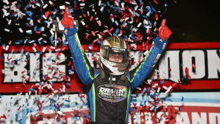 Emerson Axsom (Franklin, Ind.) celebrates his USAC AMSOIL Sprint Car National Championship feature victory on Thursday night at Pottsville, Pennsylvania's Big Diamond Speedway. (Michael Fry Photo) (Video Highlights from FloRacing.com)