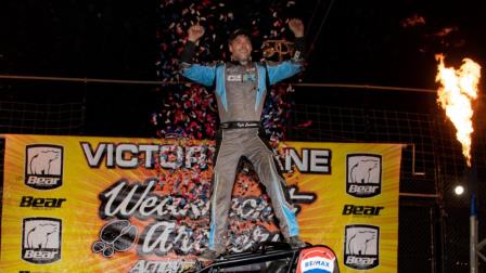 Kyle Cummins (Princeton, Ind.) celebrates in victory lane following his triumph in the USAC Eastern Storm finale on Sunday night at Kutztown, Pennsylvania's Action Track USA. (Dave Dellinger Photo) (Video Highlights from FloRacing.com)