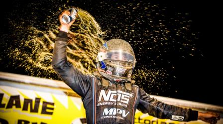 Justin Grant (Ione, Calif.) crushed another victory lane celebration after winning Saturday night's USAC AMSOIL Sprint Car National Championship feature at Port Royal (Pa.) Speedway. (Indy Racing Images Photo) (Video Highlights from FloRacing.com)