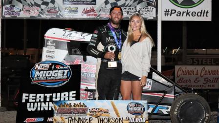 Tanner Thorson and his wife, Shaylee, are all smiles after winning Saturday night's USAC NOS Energy Drink Midget National Championship feature at Fairbury, Nebraska's Jefferson County Speedway. (Jeff Taylor Photo) (Video Highlights from FloRacing.com)