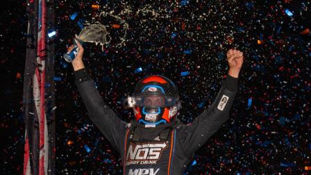 Justin Grant (Ione, Calif.) celebrates a .005 second victory on Friday night during the USAC NOS Energy Drink Indiana Sprint Week Presented by Honest Abe Roofing opener at Gas City I-69 Speedway. (Ryan Sellers Photo) (Video Highlights from FloRacing.com)