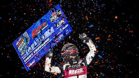 C.J. Leary (Greenfield, Ind.) enjoys the victory lane celebration following his USAC NOS Energy Drink Indiana Sprint Week Presented By Honest Abe Roofing victory on Saturday night at Kokomo Speedway. (Indy Racing Images Photo) (Video Highlights from FloRacing.com)