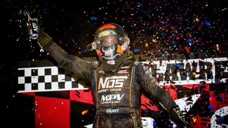 Justin Grant (Ione, Calif.) celebrates in victory lane after capturing the victory during Sunday night's USAC NOS Energy Drink Indiana Sprint Week Presented By Honest Abe Roofing feature at Lawrenceburg Speedway. (Indy Racing Images Photo) (Video Highlights from FloRacing.com)