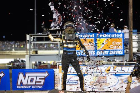 Karter Sarff won his first Xtreme midget feature at I-55 Friday (Trent Gower Photo) (Video Highlights from DirtVision.com)