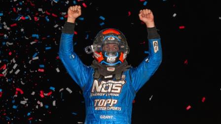 Justin Grant (Ione, Calif.) celebrates his second consecutive USAC AMSOIL Sprint Car National Championship victory at Kokomo (Ind.) Speedway on Friday during night two of Elliott's Custom Trailers & Carts Smackdown XII. (Ryan Sellers Photo) (Video Highlights from FloRacing.com)