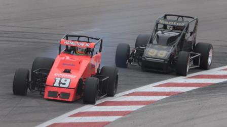 #19 Davey Hamilton Jr. (Boise, Idaho) leads #98 Bobby Santos (Franklin, Mass.) en route to victory during the final laps of Sunday's OutFront 100 USAC Silver Crown National Championship race at World Wide Technology Raceway in Madison, Ill. (Brad Plant Photo) (Video Highlights from FloRacing.com)