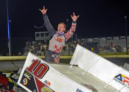 Landon Britt won his first career ASCS National feature victory at ArrowHead Speedway Friday (Lonnie Wheatley Photo)
