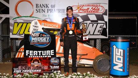 Ryan Timms (Oklahoma City, Okla.) brought out the broom on Sunday night at Wisconsin's Angell Park Speedway, performing a complete sweep of the USAC NOS Energy Drink Midget National Championship event during night one of the 38th Firemen's Nationals. (Rich Forman Photo) (Video Highlights from FloRacing.com)