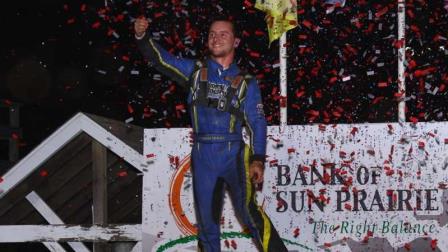 Logan Seavey (Sutter, Calif.) is a joyous Firemen's Nationals winner following Monday night's USAC NOS Energy Drink Midget National Championship event at Sun Prairie, Wisconsin's Angell Park Speedway. (Rich Forman Photo) (Video Highlights from FloRacing.com)