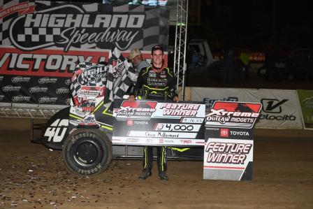 Chase McDermand won the Xtreme Midget feature at Highland Saturday (Don Figler Photo) (Video Highlights from DirtVision.com)