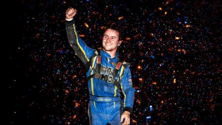 Logan Seavey (Sutter, Calif.) celebrates his fifth win of the USAC NOS Energy Drink Midget National Championship season following Thursday night's James Dean Classic at Indiana's Gas City I-69 Speedway. (Indy Racing Images Photo) (Video Highlights from FloRacing.com)