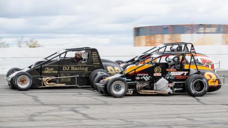 #2 Tanner Swanson makes the winning pass on #98 Bobby Santos & #77 Kody Swanson during Sunday's USAC Silver Crown finale at Lucas Oil Indianapolis Raceway Park. (Indy Racing Images Photo) (Video Highlights from FloRacing.com)