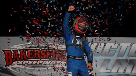 Logan Seavey (Sutter, Calif.) celebrates his November Classic victory following Tuesday night's USAC NOS Energy Drink Midget National Championship feature at California's Bakersfield Speedway. (DB3, Inc. Photo) (Video Highlights from FloRacing.com)