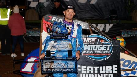 Kyle Larson (Elk Grove, Calif.) captured the opening night victory of the Hangtown 100 on Friday at Placerville (Calif.) Speedway. (DB3, Inc. Photo) (Video Highlights from FloRacing.com)
