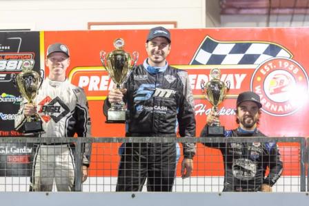 Aaron Reutzel was the night one feature race winner at the 2024 Grand Annual Sprintcar Classic, ahead of Chase Randall (left) and Rico Abreu (right).  (Eddie Guerrero Photo) (Video Highlights from Clay-Per-View)