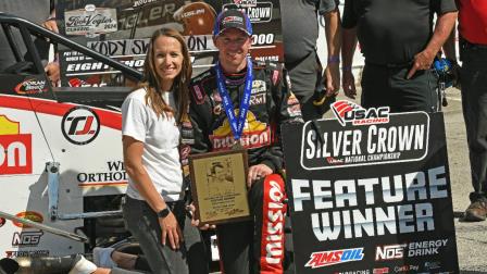 Kody Swanson (Kingsburg, Calif.) is joined in Winchester (Ind.) Speedway's victory lane by his wife and spotter, Jordan Swanson, following Sunday's USAC Silver Crown win in the 33rd running of the Rich Vogler Classic. (David Nearpass Photo) (Video Highlights from FloRacing.com)