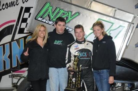 Shane Stewart celebrates his win at Knoxville's season opener (Rob Kocak Photo)